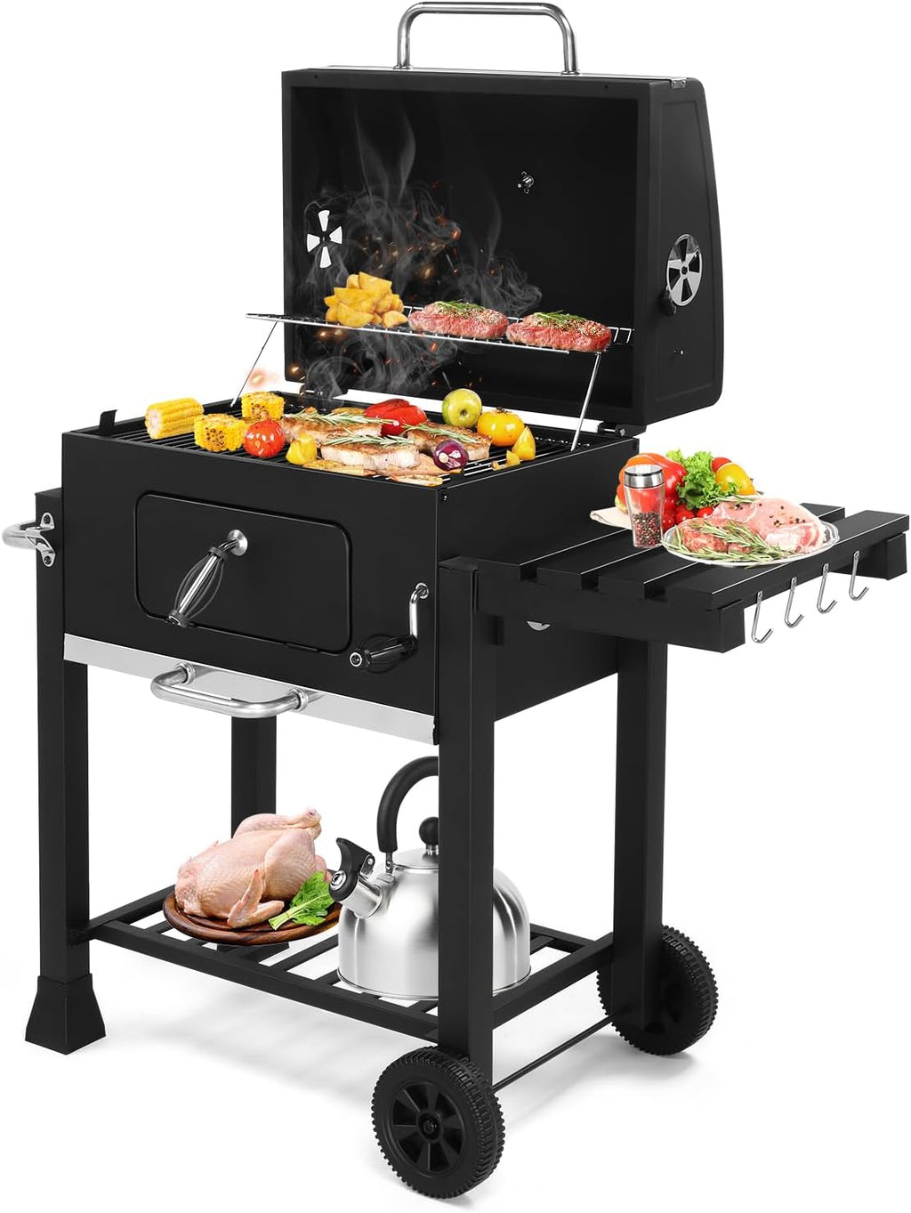 45.6' Portable Charcoal Grill,Metal Outdoor Barbecue Smoker,Heavy Duty Outdoor BBQ Grill,Vertical Camping Barbecue Grill,with Foldable Side Table & Wheels,for Garden Patio Beach Backyard (Black)