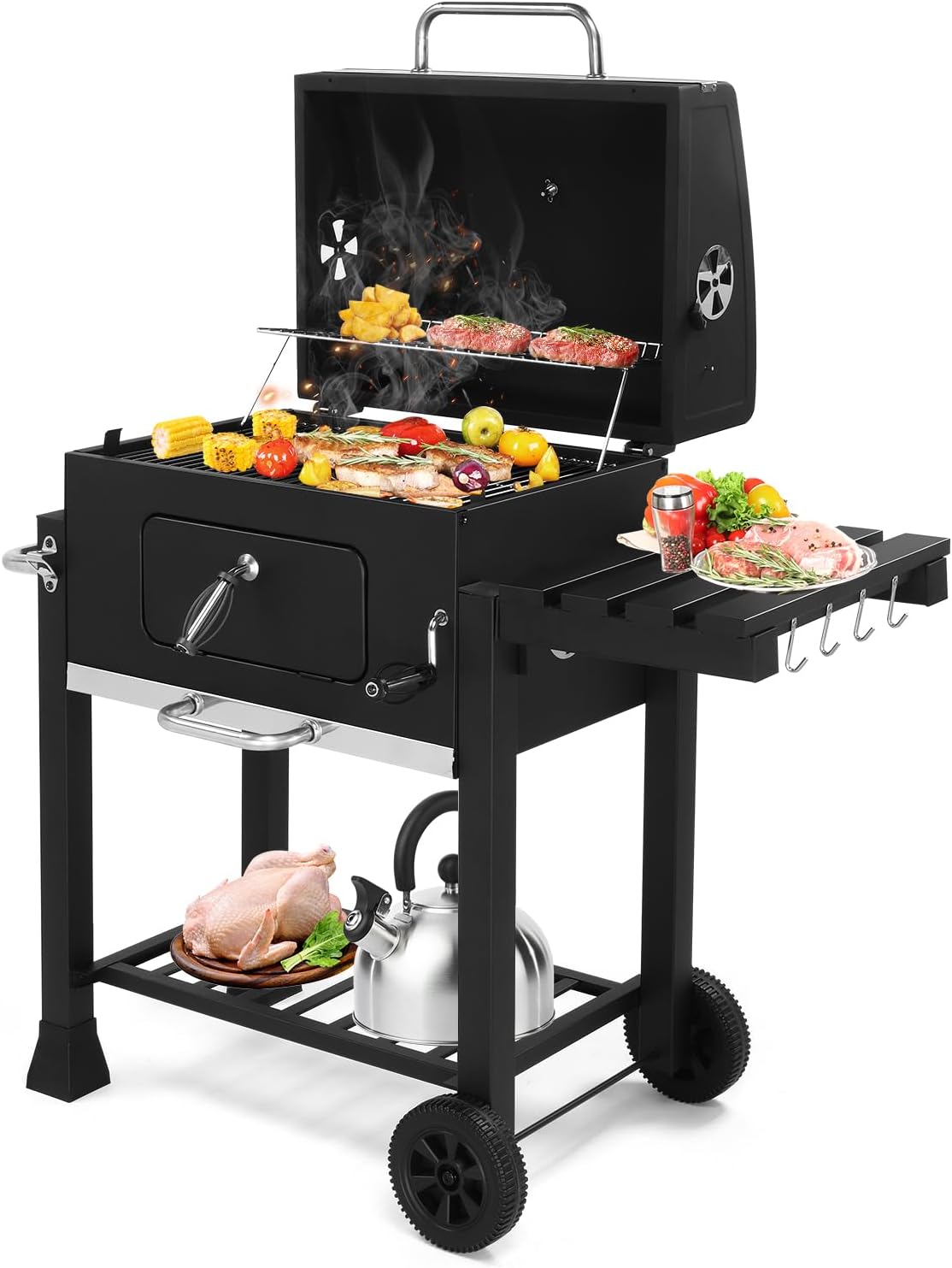 45.6' Portable Charcoal Grill,Metal Outdoor Barbecue Smoker,Heavy Duty Outdoor BBQ Grill,Vertical Camping Barbecue Grill,with Foldable Side Table & Wheels,for Garden Patio Beach Backyard (Black)