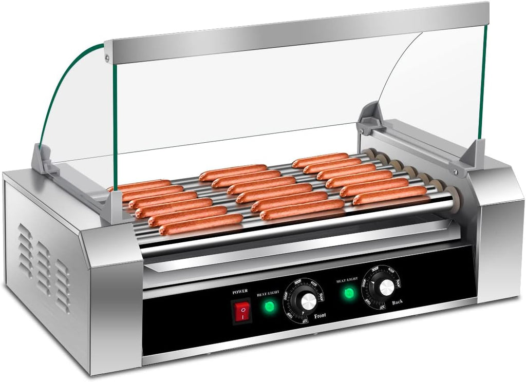 Giantex Hot Dog Roller Machine, 7 Non-Stick Rollers 18 Hot Dog Sausage Grill Cooker Machine with Removable Stainless Steel Drip Tray and Glass Hood Cover, Commercial Household Hot Dog Rotisserie