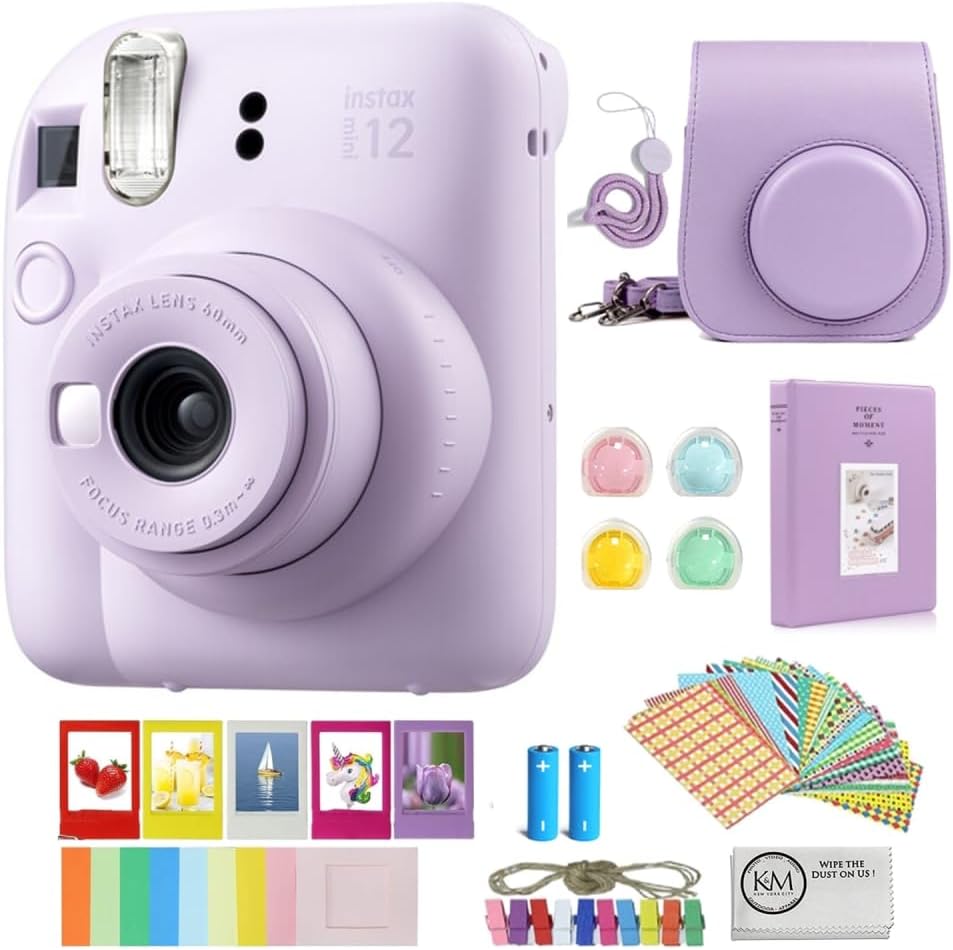 FUJIFILM INSTAX Mini 12 Instant Film Camera | Lilac Purple Bundled with Instax Accessory Bundle + Cleaning Cloth (8 Items)