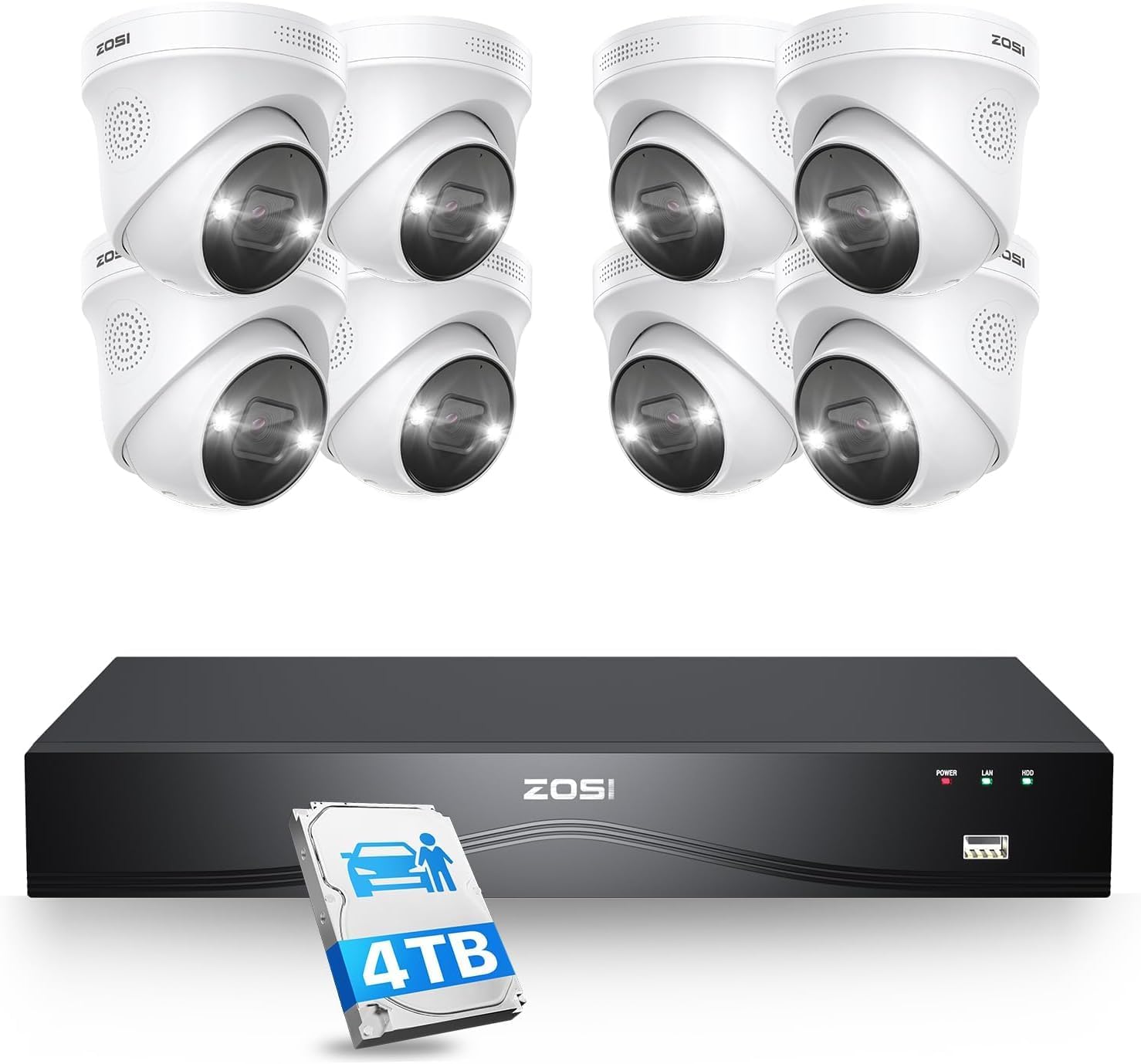 ZOSI 32CH 4K PoE Security Camera System, 8pcs 8MP Outdoor Indoor Metal Dome Cameras, Color Night Vision, Person Vehicle Detection, 2 Way Audio, 16 Port 32 Channel NVR with 4TB HDD for 24/7 Recording