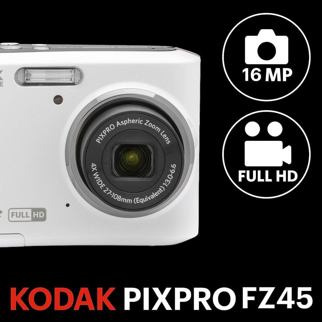 KODAK PIXPRO FZ45-BK 16MP Digital Camera 4X Optical Zoom 27mm Wide Angle 1080P Full HD Video 2.7' LCD Vlogging Camera, Bundle with Camera Case and 32GB SD Card (White)