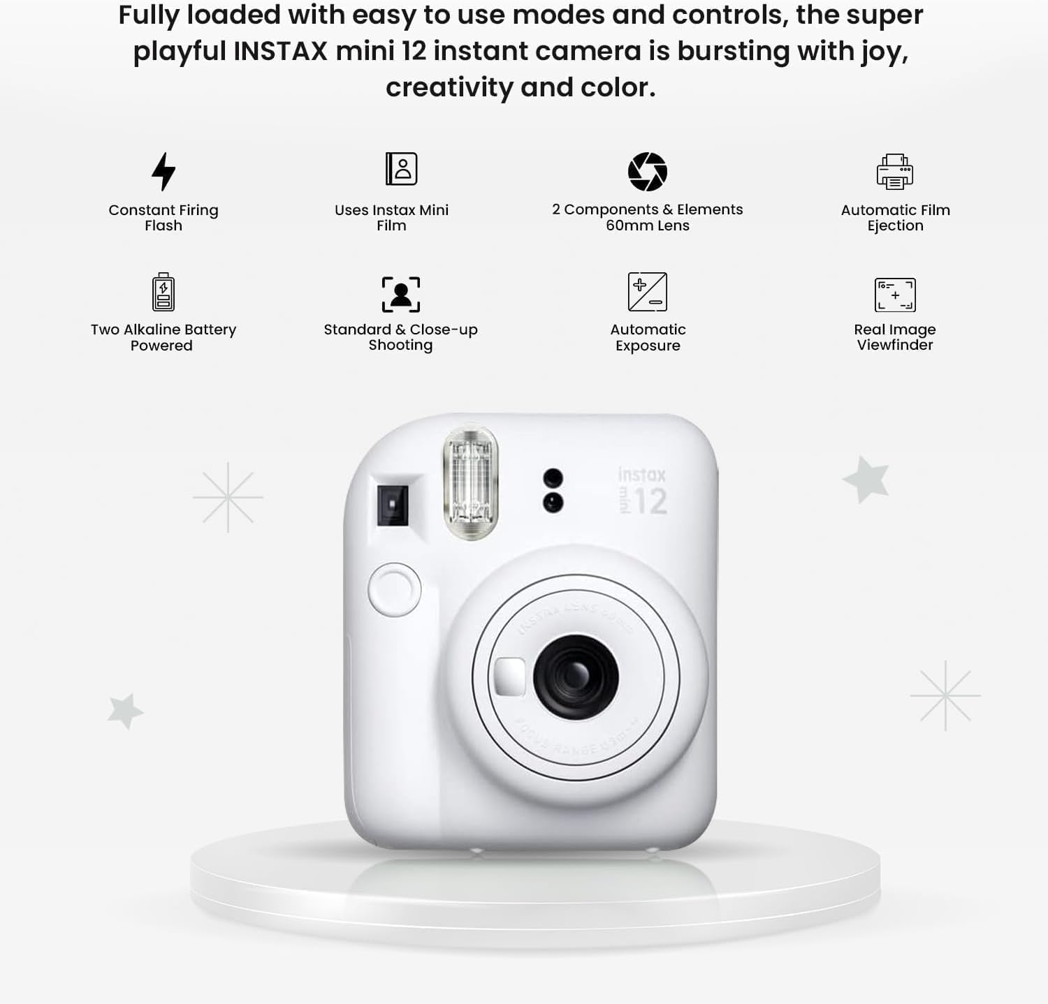 Fujifilm Instax Mini 12 Instant Camera (Clay White w/ 2X Twin Packs)
