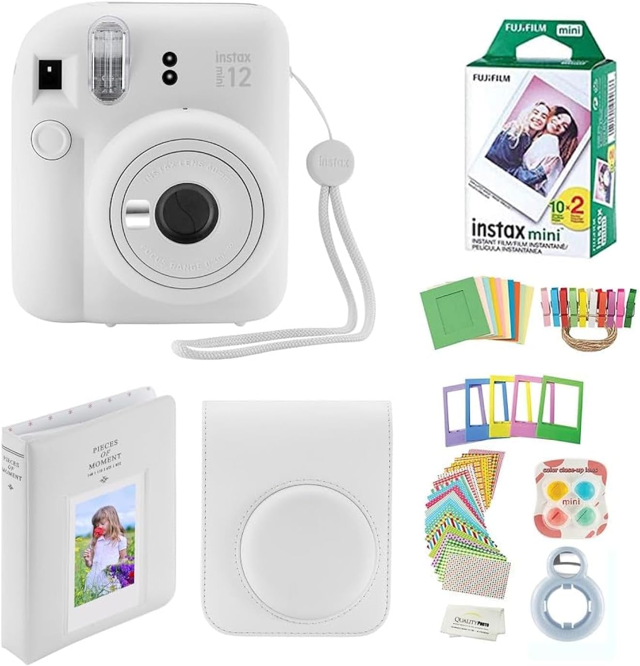 Fujifilm Instax Mini 12 Instant Camera + 20 Photo Prints + Quality Photo Value Bundle, Case, Decoration Stickers, Frames, Photo Album, (Clay White)