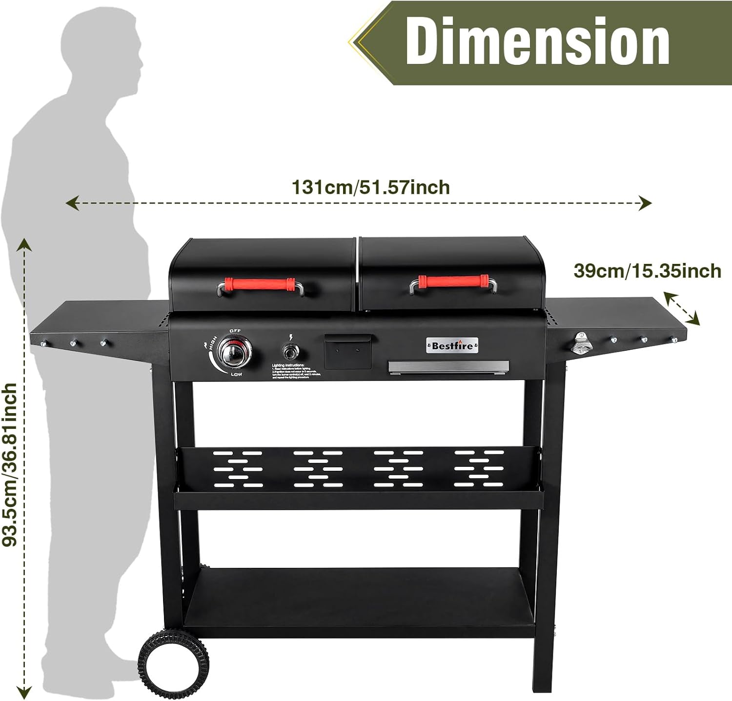 Bestfire Dual Fuel Propane Gas Charcoal Grill Combo Black Dual Lids, Flat Top Grill With 2 Side Shelves for BBQ, Outdoor and Backyard Cooking