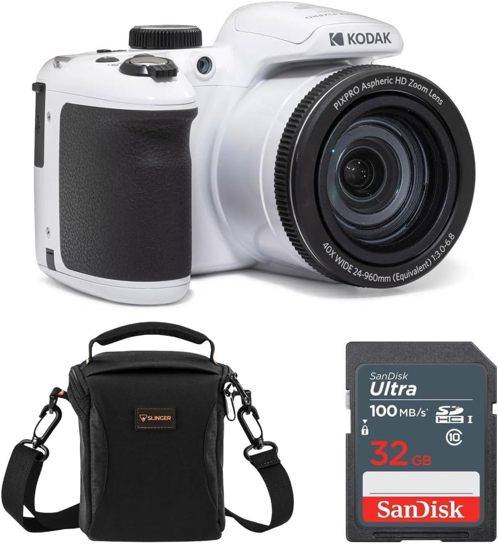 KODAK PIXPRO AZ405-WH 20MP Digital Camera 40X Optical Zoom 24mm Wide Angle Lens Optical Image Stabilization 1080P Full HD Video 3' LCD Vlogging Camera, Full Frame, with Bag & SD Card + Reader (White)