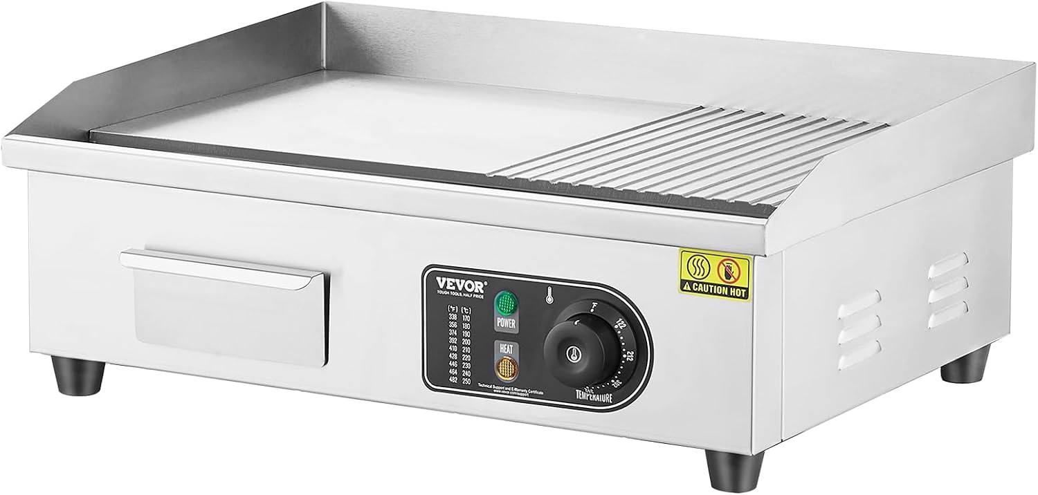 VEVOR Commercial Electric Griddle, 1600W Countertop Half-Flat Top Grill, 22in Stainless Steel Griddle Grill with 2 Shovels and 2 Brushes for Home or Restaurant, 122℉-572℉ Adjustable Temp