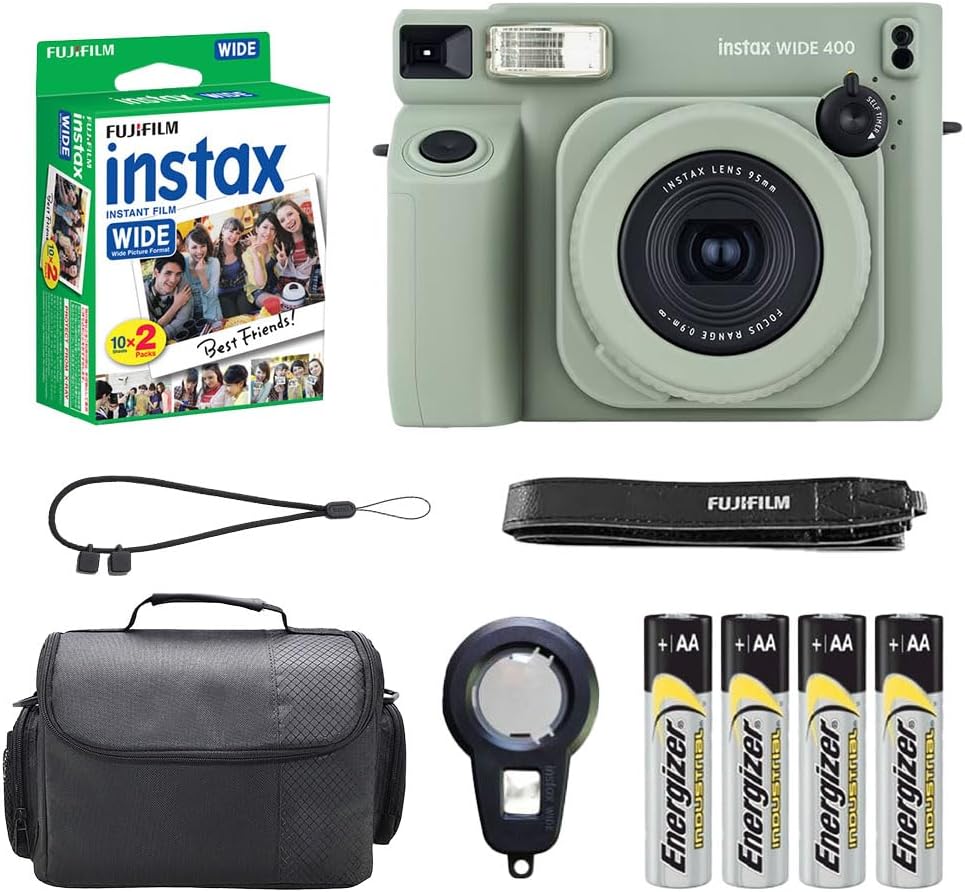 Fujifilm Instax Wide 400 Instant Film Camera Sage Green Bundle – Includes 20-Sheets Instax Wide Film and Protective Carrying Case