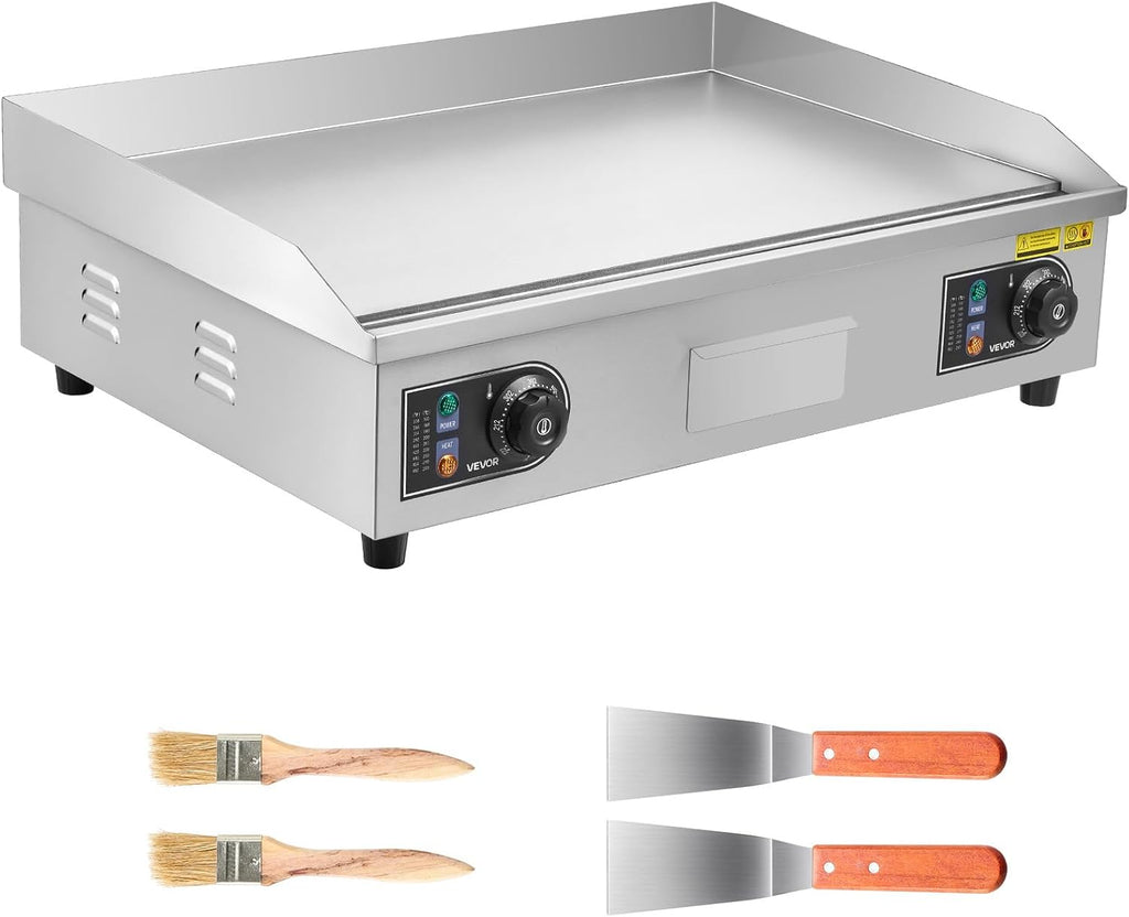 VEVOR Commercial Electric Griddle, 25.79 x 15.75 inch, 2800W, 122-570°F Adjustable Temp Control, Stainless Steel Body, Full Flat, with 2 Spatulas, 2 Brushes, and 4 Foot Pads, for Steak(NO PLUG)