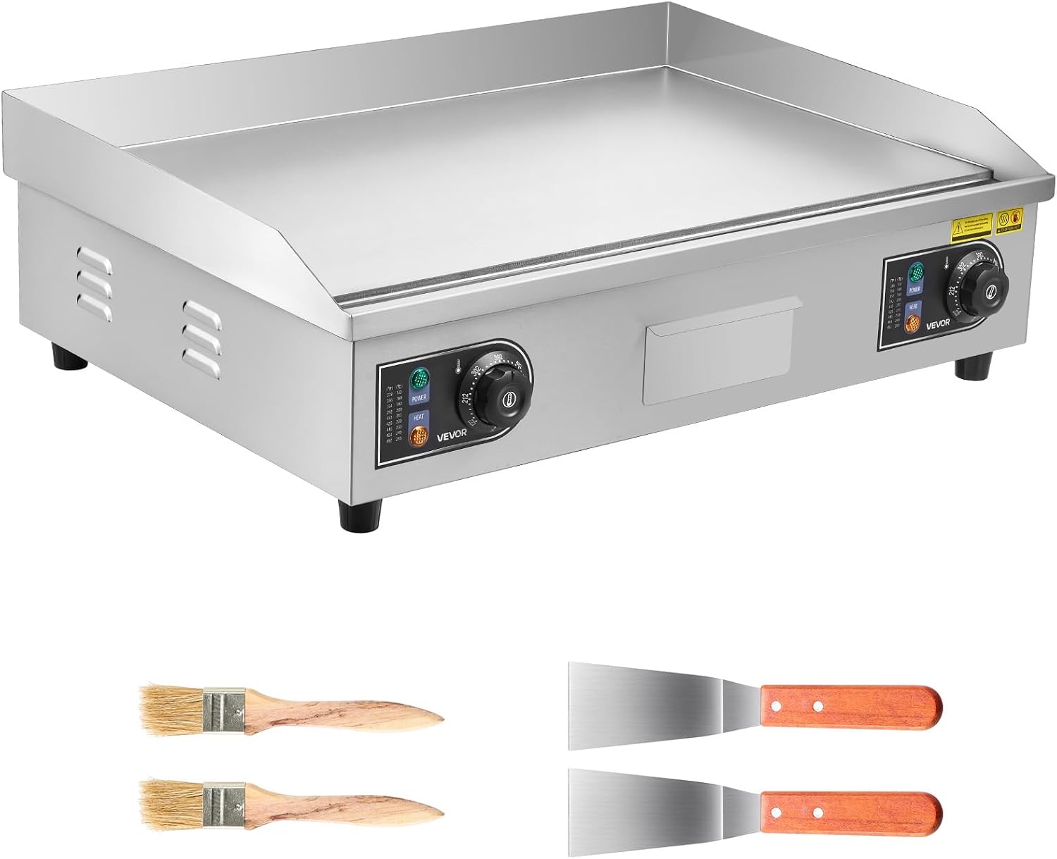 VEVOR Commercial Electric Griddle, 25.79 x 15.75 inch, 2800W, 122-570°F Adjustable Temp Control, Stainless Steel Body, Full Flat, with 2 Spatulas, 2 Brushes, and 4 Foot Pads, for Steak(NO PLUG)