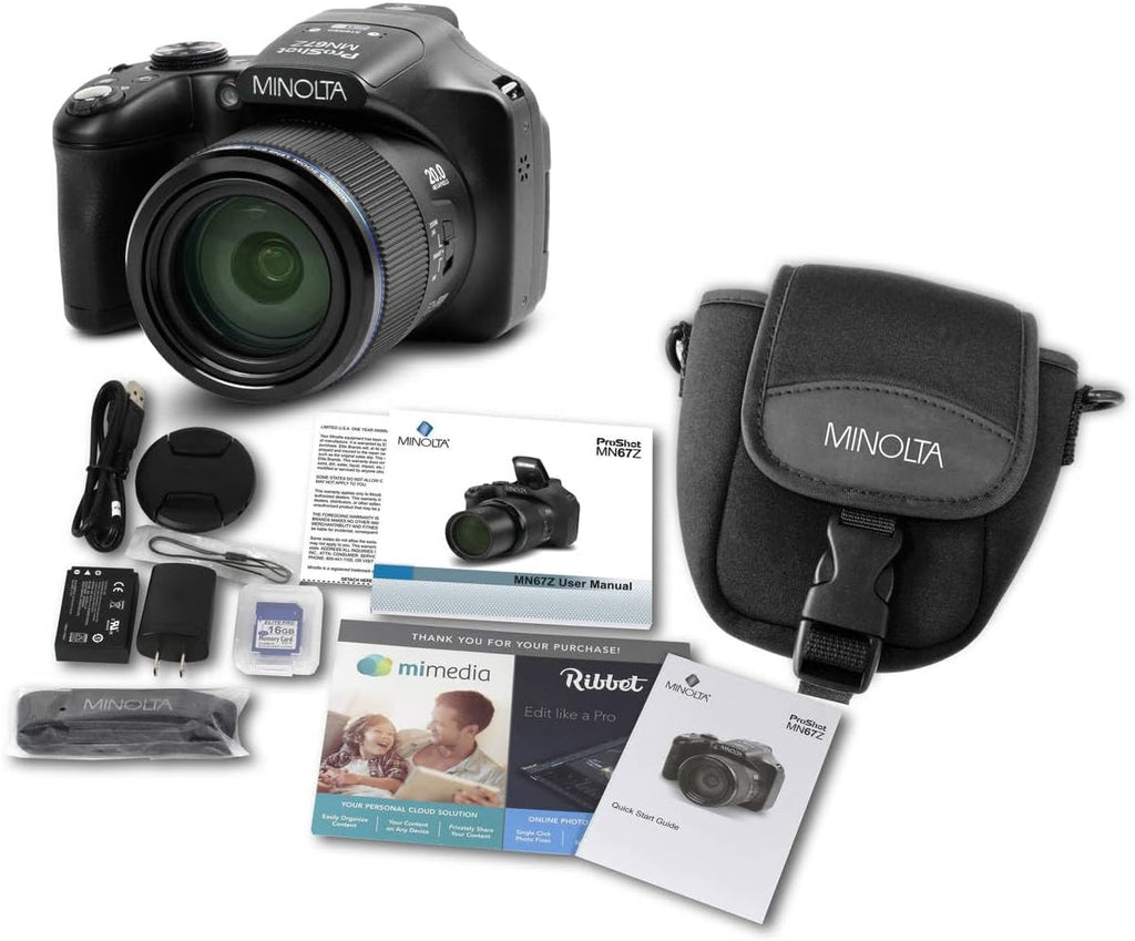 Minolta Pro Shot 20MP Digital Camera – 67x Optical Zoom, Full 1080p HD Video, Optical Image Stabilization, Wi-Fi, 3-inch Articulating LCD Screen, 27 Scene Modes – Includes 16GB SD Card (Black)