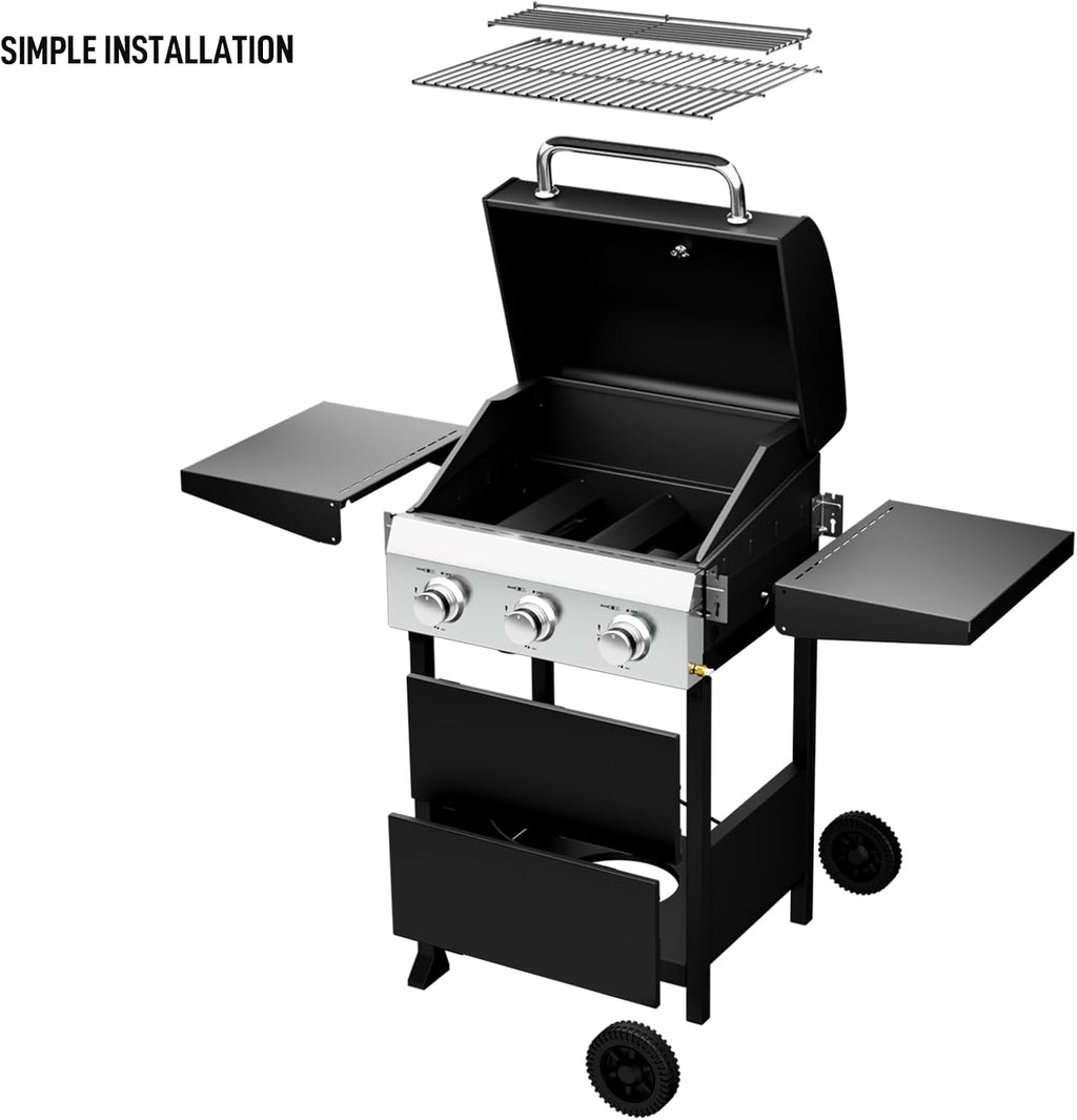 ROVSUN 3-Burner Propane Gas BBQ Grill with Foldable Side Tables & Enameled Cast Iron Grates, 36,000 BTU Barbecue Grill with Portable Wheels for Outdoor Patio Backyard Cooking Grilling, Black