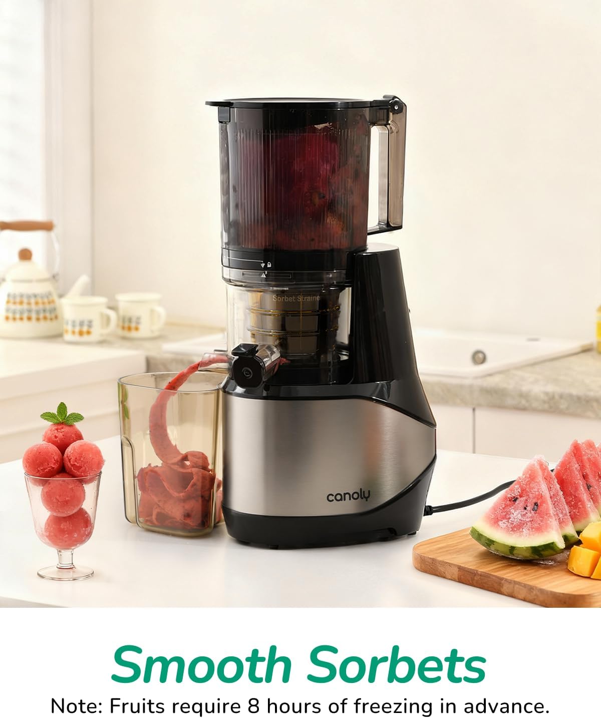 Canoly C09 Cold Press Juicer, 6' Extra Wide Feed Chute, 3-IN-1 Strainers (Juice & Sorbet & Nut Milk), Powerful AC Brushless Motor, Self Precut System, Juicer Machines with BPA-Free (Classic)