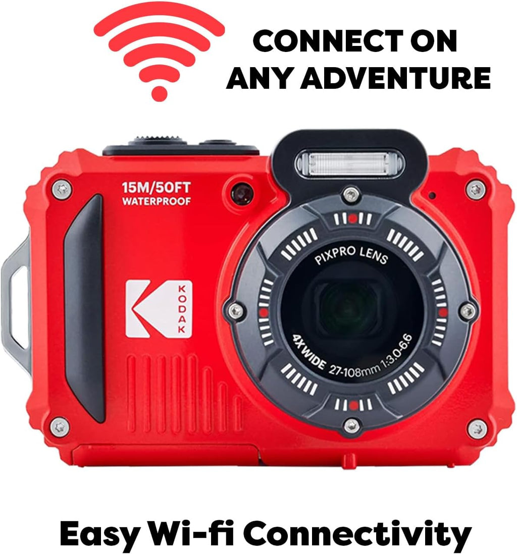 KODAK PIXPRO WPZ2 Rugged Waterproof Digital Camera, Red Bundles with Case, Monopod, Card Reader and More (9 Items)