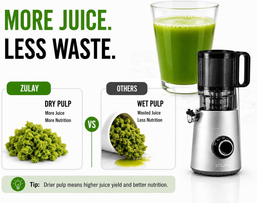 Zulay Kitchen Juicer Machine with 5' Wide Feed Chute, Cold Press Slow Masticating Juicer for Whole Fruits & Vegetables, Easy to Clean Stainless Steel Blades, High Juice Yield - Silver