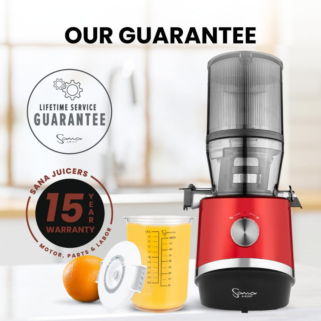 Sana 878 Self Feeding Batch Juicer | 3 Days of Cold Press Juicing Effortlessly | Most Convenient Juicer with Autopilot Configuration | Large Batch 2 Liter Capacity | Whole Fruits & Vegetables | Red
