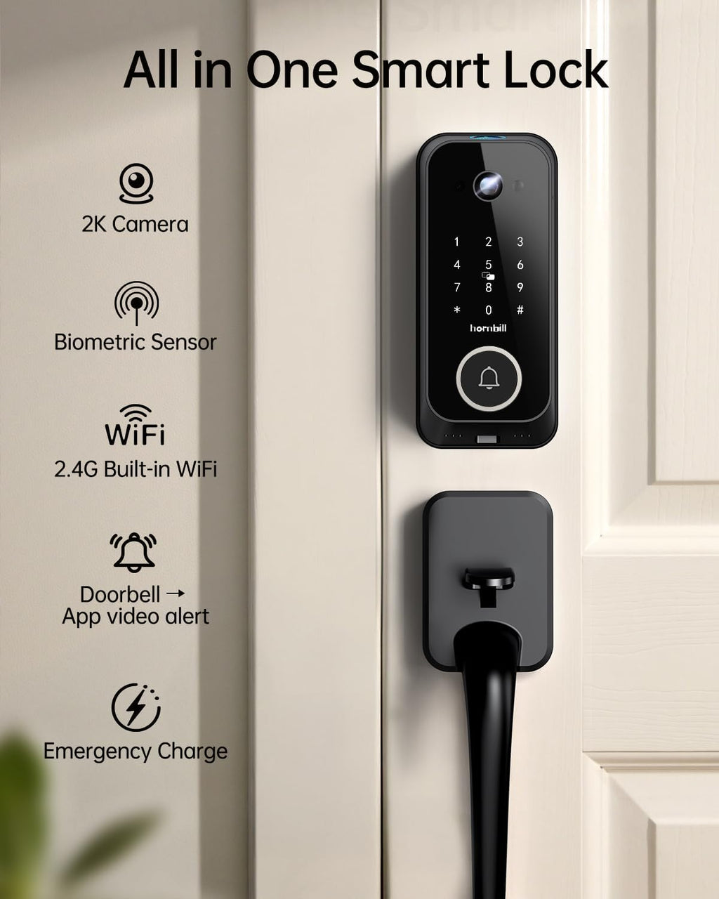 Video Smart Lock with Camera: 4-in-1 Ring+2K Camera+Doorbell+Fingerprint Hornbill Keyless Entry Door Lock, Built-in WiFi Deadbolt(only 2.4G), Two-Way Audio/App Remote Control/PIR, No Monthly Fee
