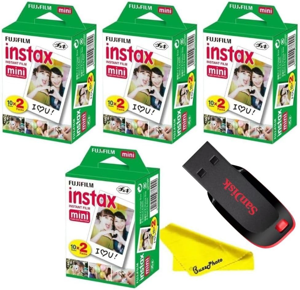 Fujifilm Instax Mini Instant Camera Film with Sandisk 32 GB USB Flash Drive + 4 x Mini Twin Packs (80 Sheets) and Buzz-Photo Microfiber Cleaning Cloth