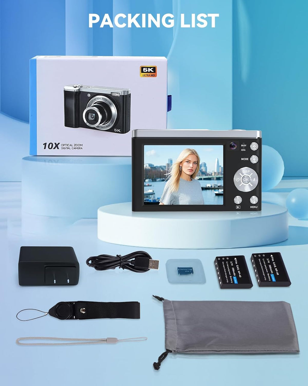 Digital Camera,5K 56MP Cameras for Photography Autofocus,Vlogging Compact Camera with Front and Rear Camera,10X Optical Zoom,6-Axis Anti-Shake,Touch Screen with 64GB SD Card,2 Batteries