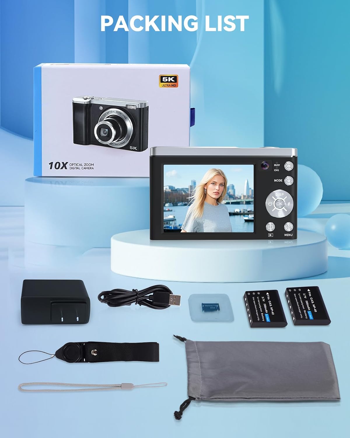 Digital Camera,5K 56MP Cameras for Photography Autofocus,Vlogging Compact Camera with Front and Rear Camera,10X Optical Zoom,6-Axis Anti-Shake,Touch Screen with 64GB SD Card,2 Batteries