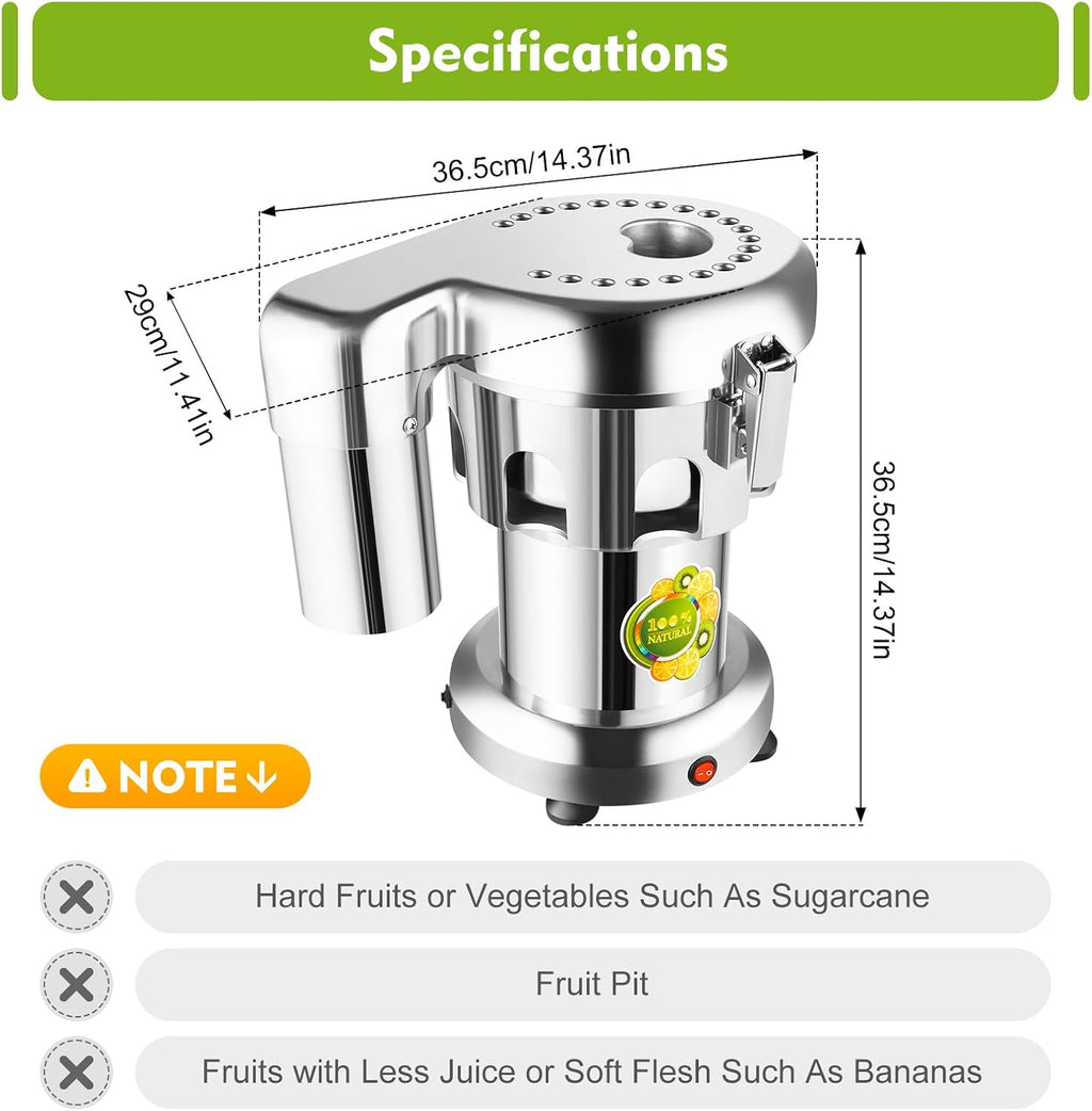 Commercial Centrifugal Juicer Machine Juice Extractor Machine 110V 370W Electric Vegetable Fruit Juice Squeezer Stainless Steel Juice Maker Extractor 2800r/min