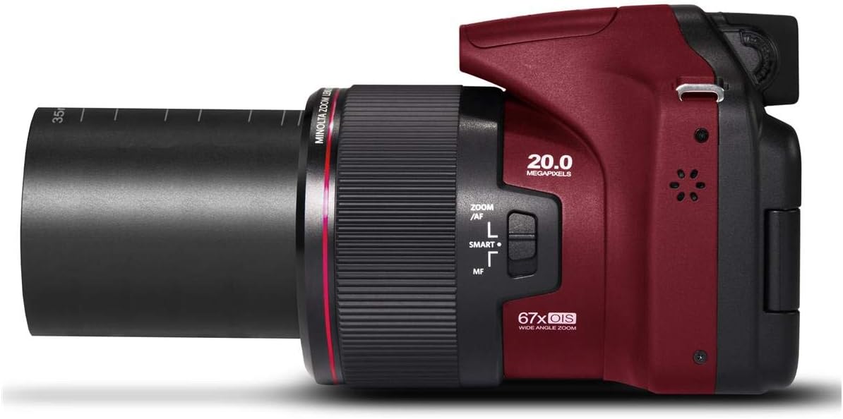 Minolta Pro Shot 20MP Digital Camera – 67x Optical Zoom, Full 1080p HD Video, Optical Image Stabilization, Wi-Fi, 3-inch Articulating LCD Screen, 27 Scene Modes – Includes 16GB SD Card (Red)