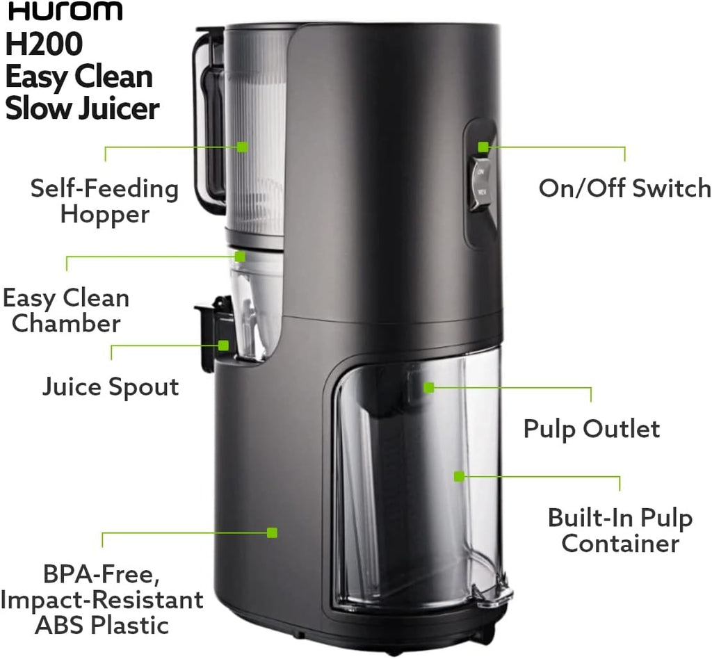 Hurom H-200 Electronic Slow Juicer Machine (Silver) - Self Feeding w Big Mouth Hopper to Fit Whole Fruits & Vegetables - Healthy Living - Easy Rinse Clean No Scrub BPA Free Easy Assembly