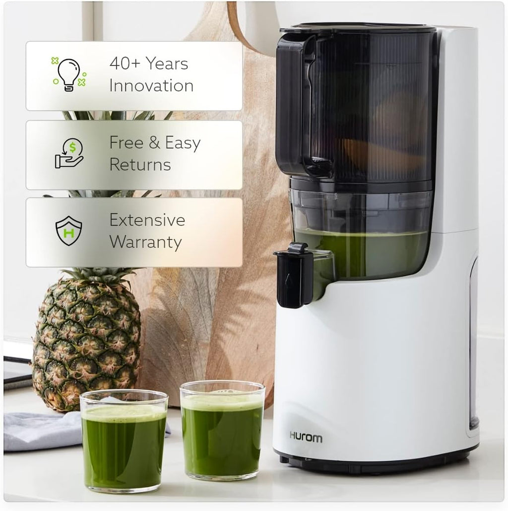 Hurom H-200 Electronic Slow Juicer Machine (Silver) - Self Feeding w Big Mouth Hopper to Fit Whole Fruits & Vegetables - Healthy Living - Easy Rinse Clean No Scrub BPA Free Easy Assembly