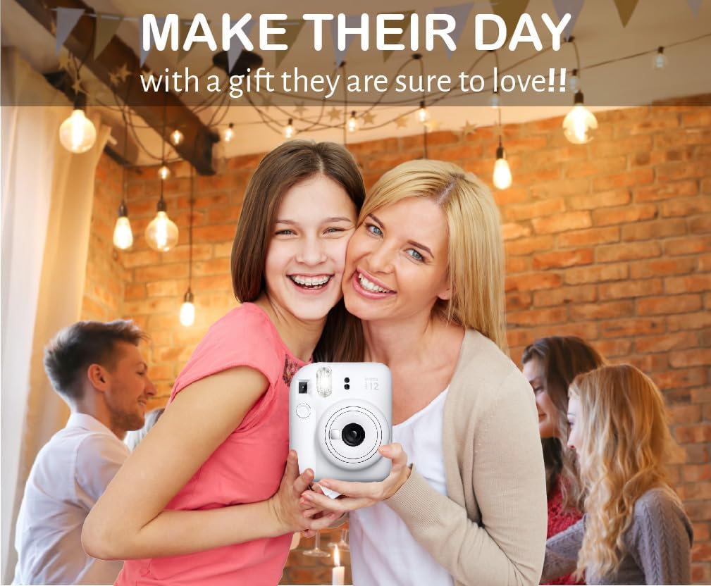 Fujifilm Instax Mini 12 Instant Film Camera Clay White, Fujifilm Instax Mini Twin Pack Instant Film 20 Prints, Prtotective Case, Gift Bundle