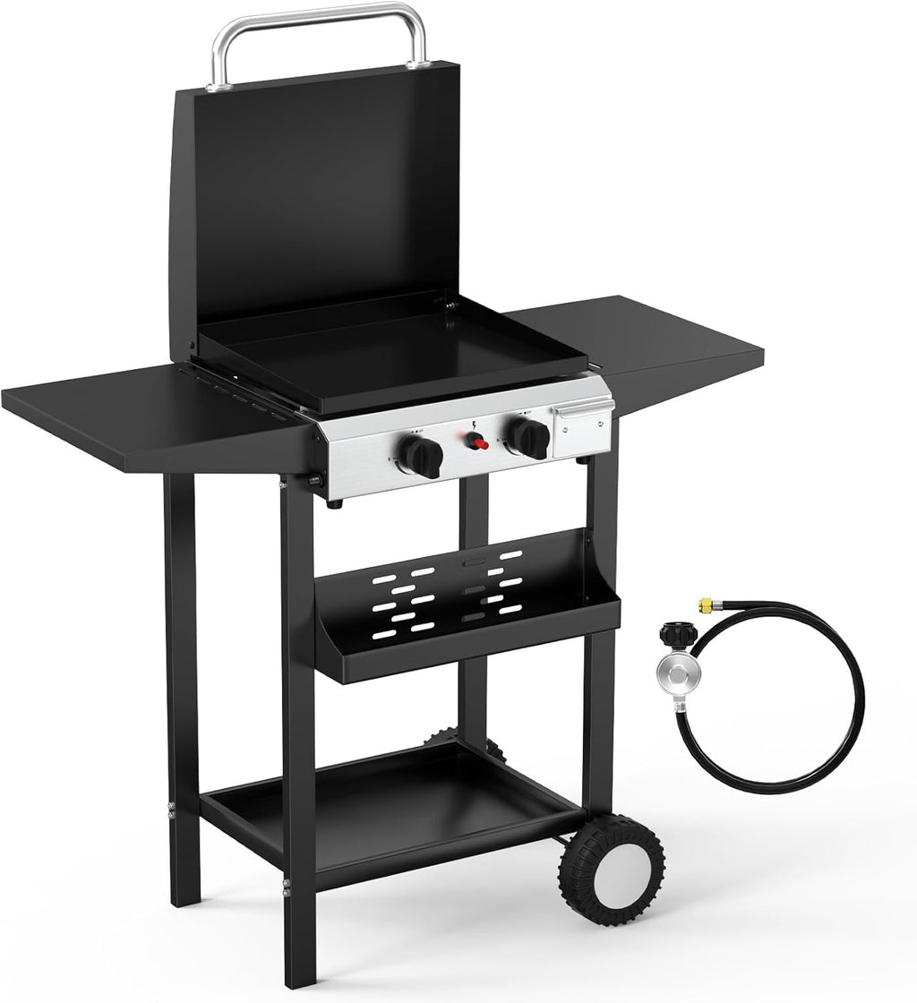 Bonnlo 20000BTU Propane Griddle with Lid and Ignition, Standing Flat Top Gas Grill with Portable Rolling Wheels and Storage Shelf, 2 Burner Camping Cooker for Patio Backyard Outdoor Cooking BBQ