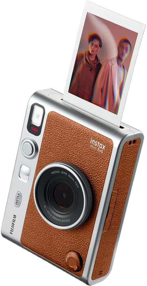FUJIFILM INSTAX MINI EVO Hybrid Instant Camera (Brown) Bundle with Fuji Instax-Mini-Instant Film Value Pack (20 Sheets) + 32GB Memory Card + Carrying Case + Photo Album 64 Pockets + Cleaning Cloth