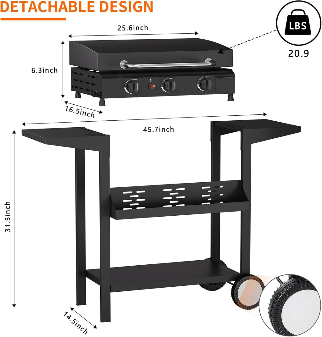 SKOK 3 Burner Gas Griddle With Hood-25.6 Inch Outdoor Propane Griddle-Portable Flat Top Gas Grill Camping Griddle Station with Side Shelves for Kitchen, BBQ, Camping Tailgating