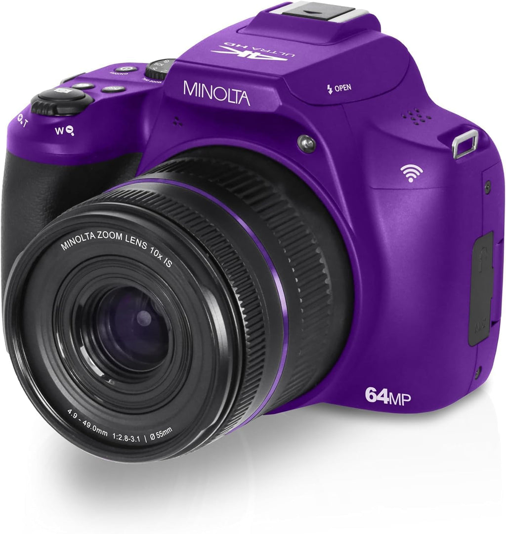 Minolta 64 Mega Pixels Auto Focus Digital Camera with 10x Optical Zoom,4K Ultra HD Video and Macro Shooting, Bundle with 32 GB Memory Card + Vlogging Tripod + Cleaning kit + More Accessories - Purple