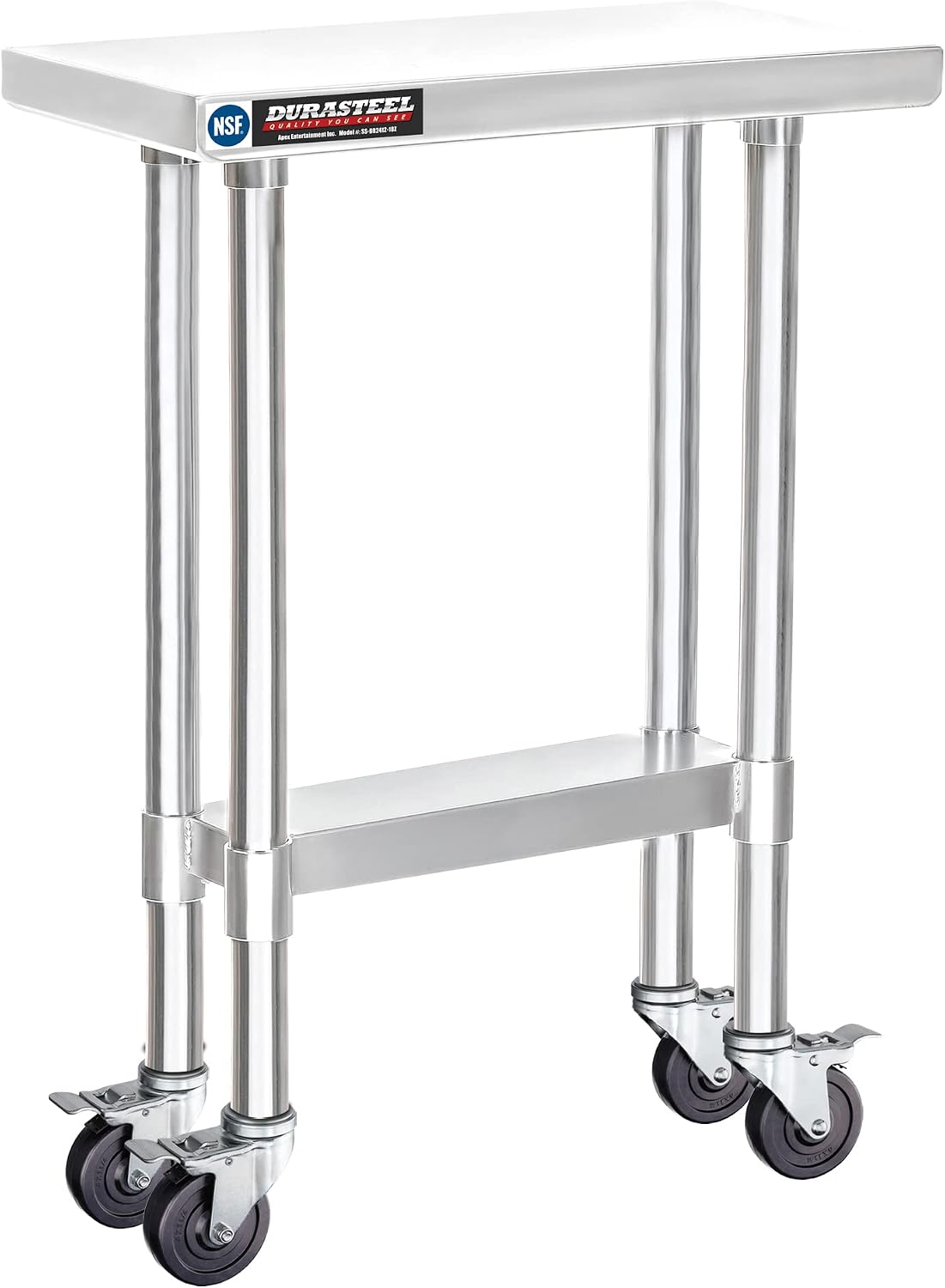 DuraSteel 24x12 NSF Stainless Steel Cart - Heavy Duty Rolling Food Prep Table with Undershelf - Metal Utility Cart for Commercial Restaurant Kitchen, Laundry, Side Mixer Stand