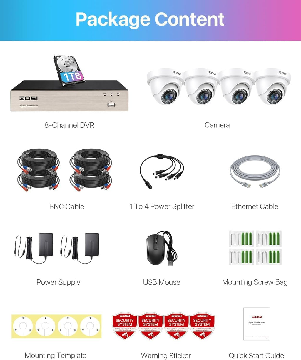 ZOSI 3K Lite Security Camera System with 1TB Hard Drive,AI Human/Vehicle Detection,Night Vision,H.265+ 8Channel HD TVI DVR Recorder,4pcs 1080P HD 1920TVL Indoor Outdoor Surveillance CCTV Dome Cameras