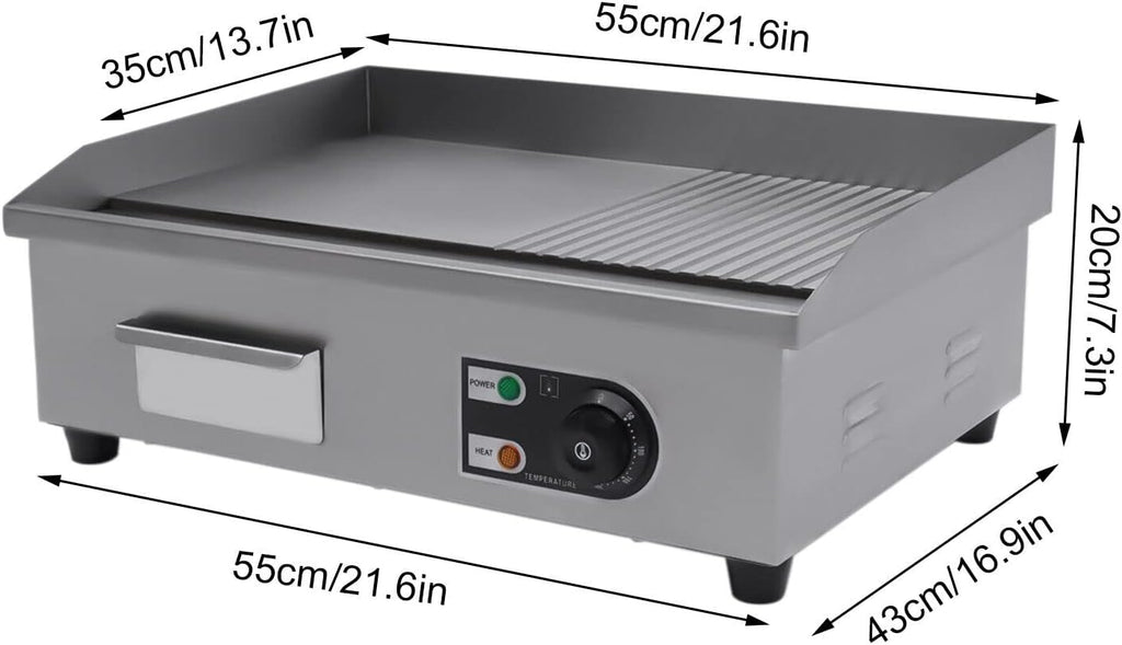 22'Commercial Electric Griddle Electric Countertop Griddle 1600W Restaurant Grill BBQ Flat Top 410 Stainless Steel Long Griddle Electric Nonstick Adjustable Thermostatic Control for Kitchen 110V