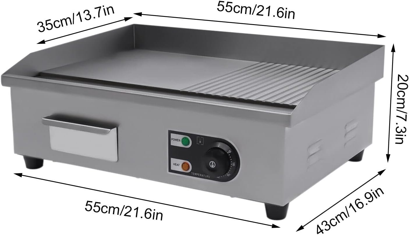 22'Commercial Electric Griddle Electric Countertop Griddle 1600W Restaurant Grill BBQ Flat Top 410 Stainless Steel Long Griddle Electric Nonstick Adjustable Thermostatic Control for Kitchen 110V