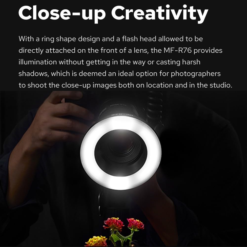 Godox MF-R76 LED Micro Ring Flash with 2600mAh Li-ion Battery and LCD Display Adapter Rings for Canon Sony Nikon Fuji Olympus Panasonic Pentax Camera Flash Speedlight Speedlite Light