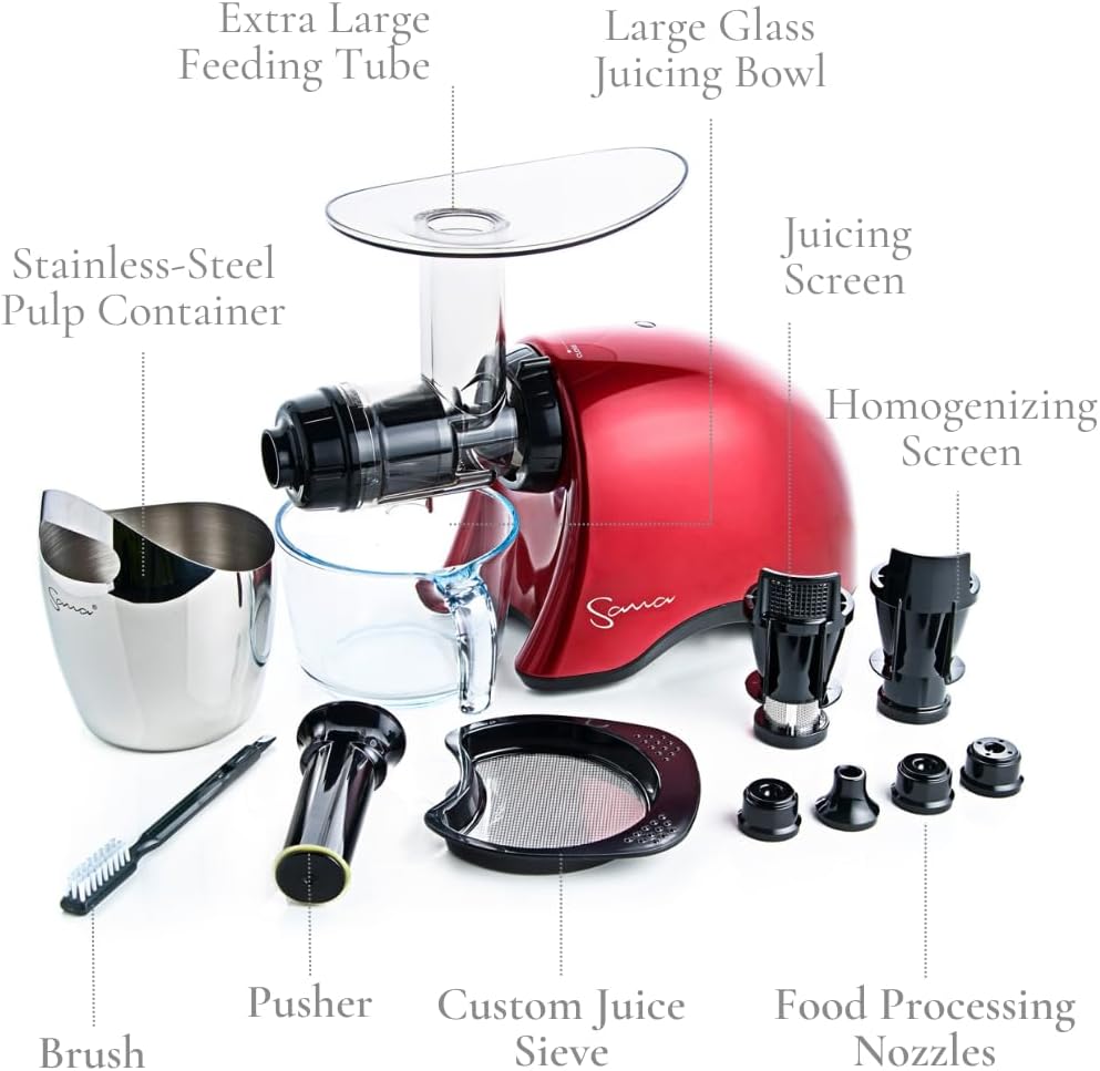 Cold Press SANA 707 Classic Horizontal Single Auger Slow/Low Speed Juicer | Easy Clean, Powerful Motor, Auto Feed, Compact, Celery Attachment, Frozen Desserts, Pasta Extrusion, 15 Year Warranty, Red