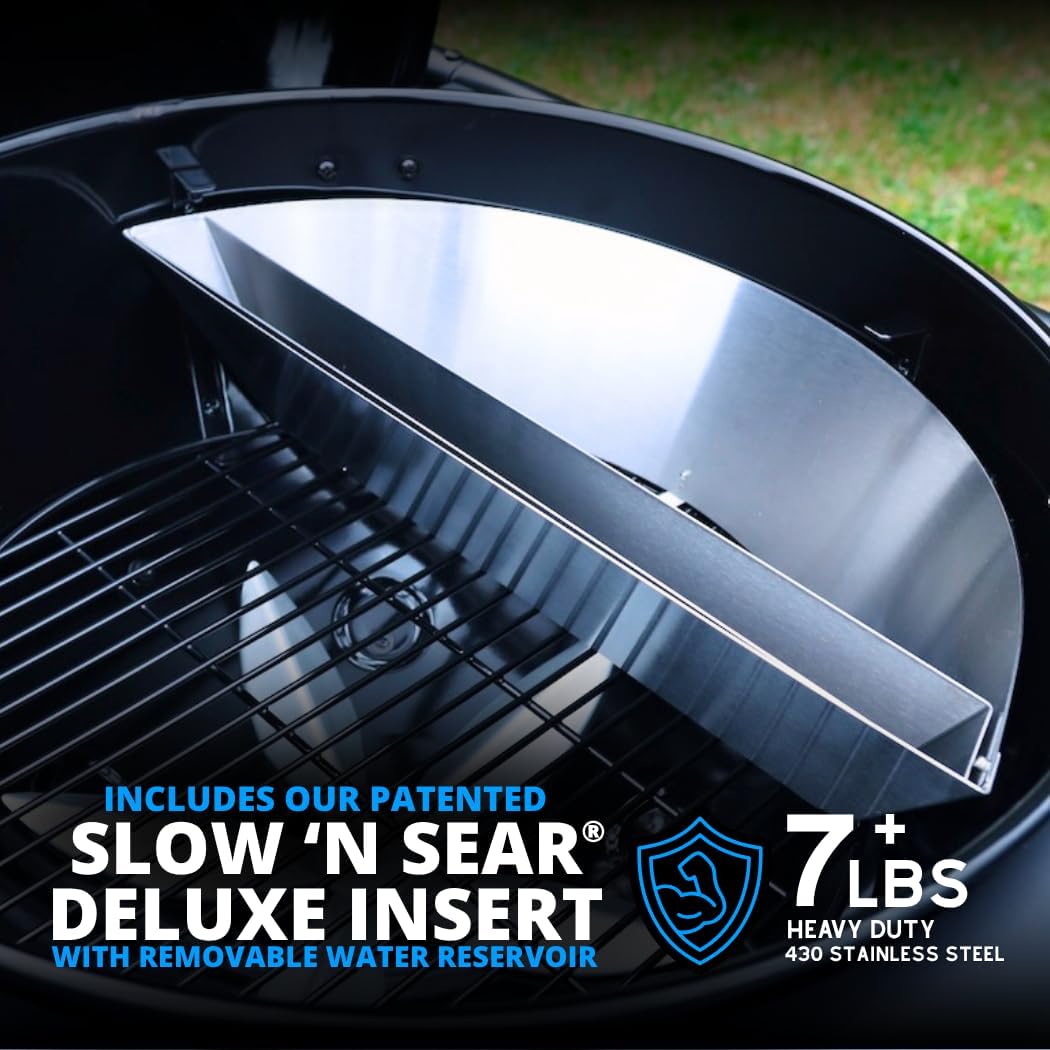 SnS Grills 22-Inch Charcoal Grill and Smoker — MasterKettle with Patented Slow 'N Sear Deluxe Insert, 304 Stainless EasySpin Grate, Integrated Side Table, 10-Year Warranty.