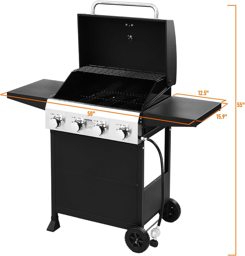 ROVSUN 4-Burner Propane Gas BBQ Grill with Foldable Side Tables & Enameled Cast Iron Grates, 40,000 BTU Barbecue Grill with Portable Wheels for Outdoor Patio Backyard Cooking Grilling, Black