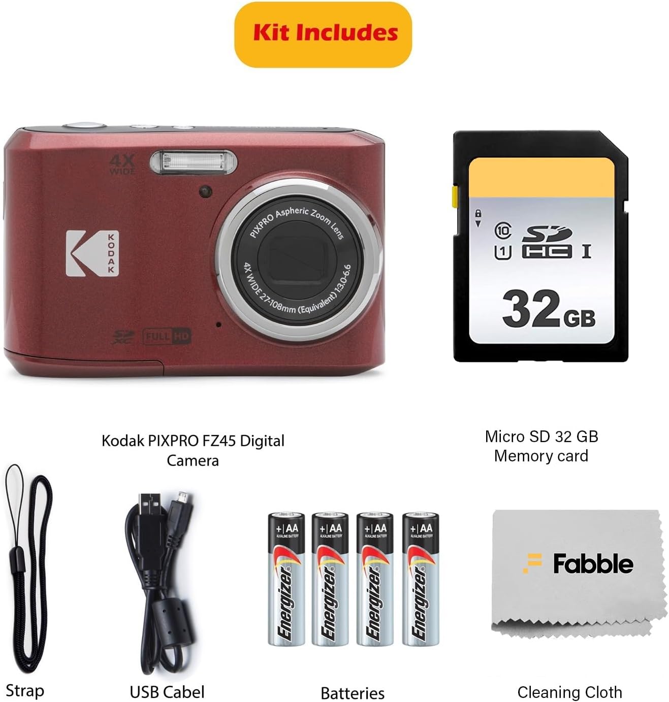 KODAK PIXPRO FZ45 16MP Digital Camera with 4X Optical Zoom 27mm Wide Angle and 2.7' LCD Screen Bundle with 32GB SD Memory Card, AA Batteries (4 Pack), Lens Cleaning Cloth (Red)
