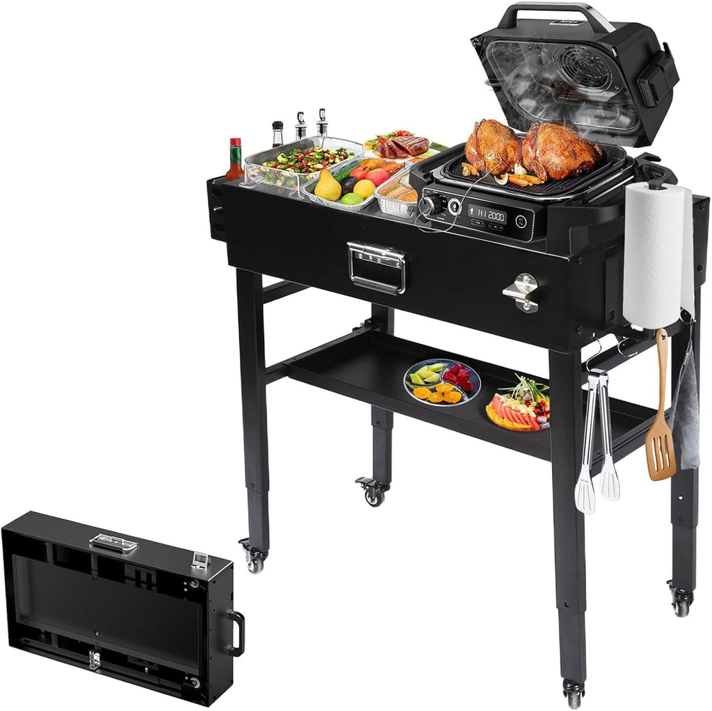 Grill Table for Ninja, Universal Foldable Grill Cart for Blackstone, Weber, Ooni Pizza Oven, Portable Outdoor Grill Stand, Adjustable Height 28''-36'', with Caddy, Paper Towel Holder, 4 Wheels