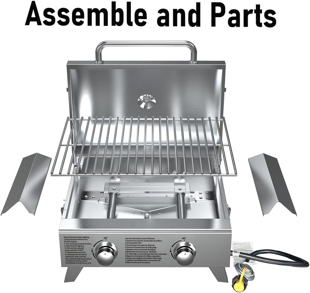 BBQCuker Portable Propane Gas Grill 2-Burner Tabletop with Foldable Legs for Outdoor Camping Cooking Two 10,000 BTU Burners Stainless Steel, and Built-in Thermometer Chef's Style