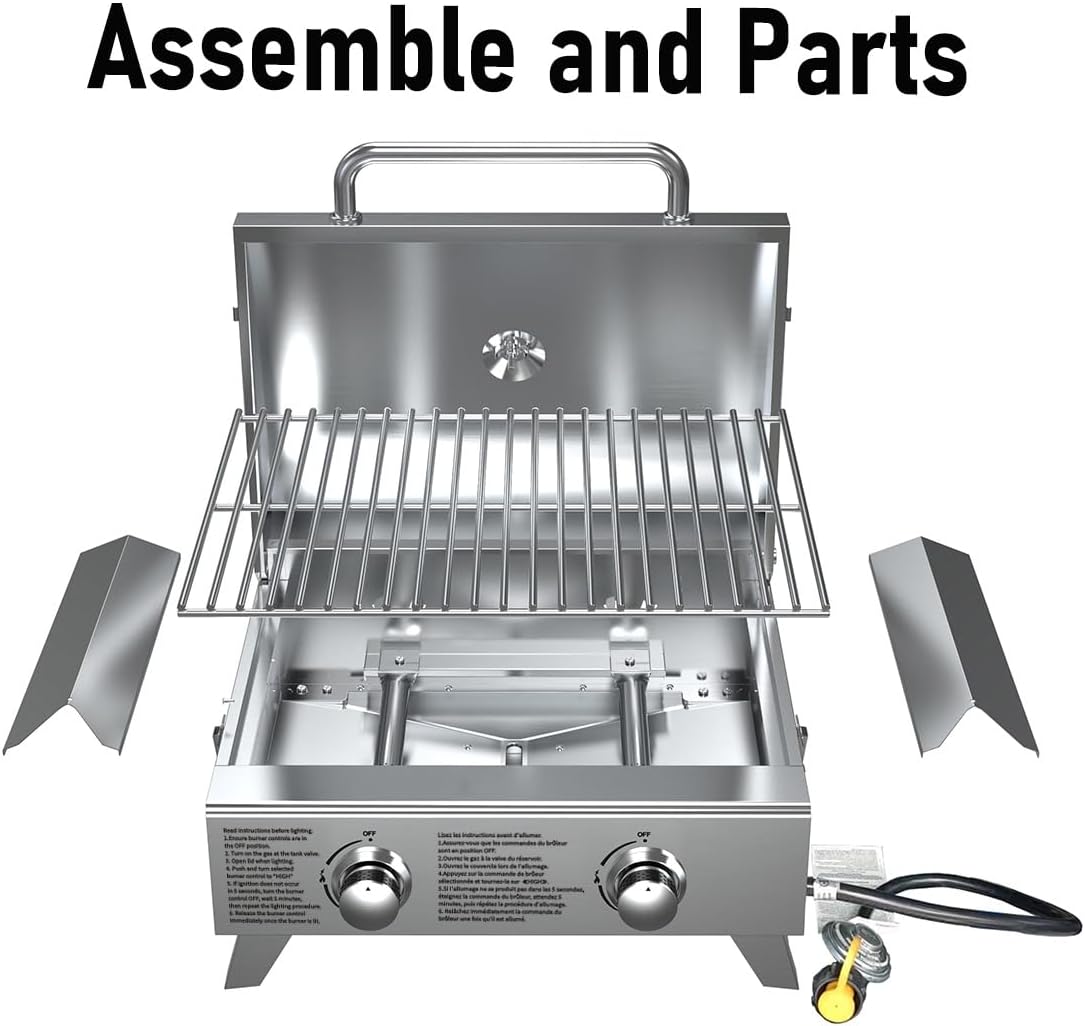 BBQCuker Portable Propane Gas Grill 2-Burner Tabletop with Foldable Legs for Outdoor Camping Cooking Two 10,000 BTU Burners Stainless Steel, and Built-in Thermometer Chef's Style