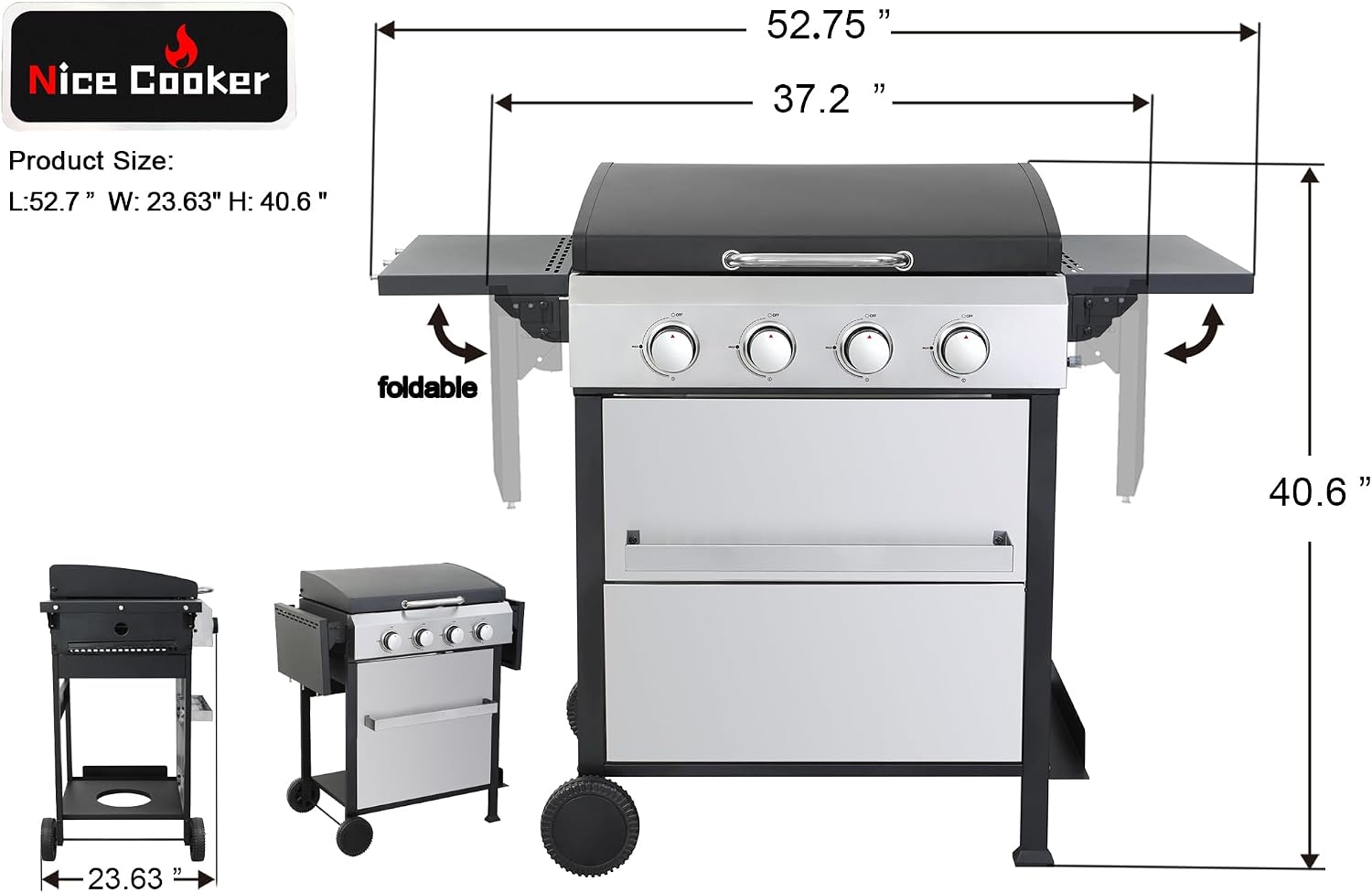 4-Burner Flat Top Propane Gas Grill Stainless Steel Griddle Combo with Foldable Side Table, 49,200 BTU Outdoor BBQ Grill, Porcelain-Enameled Cast Iron Grids, for Backyard, Patio Cooking