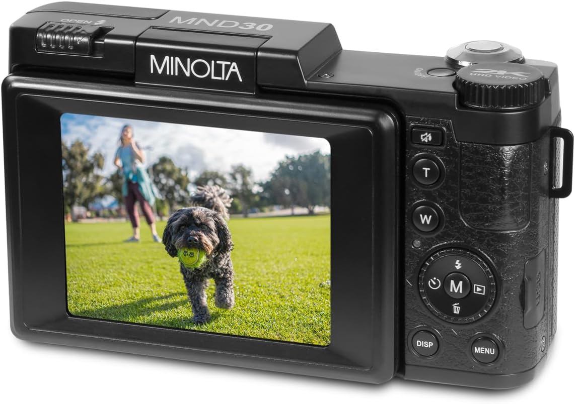 Minolta 30MP Digital Camera – 2.7K Ultra HD Video, 3-inch 180° LCD Screen, Face Detection, Anti-Shake, 9 Scene Modes, Photo Burst, Panorama, CMOS Sensor, 32GB Card (Red)