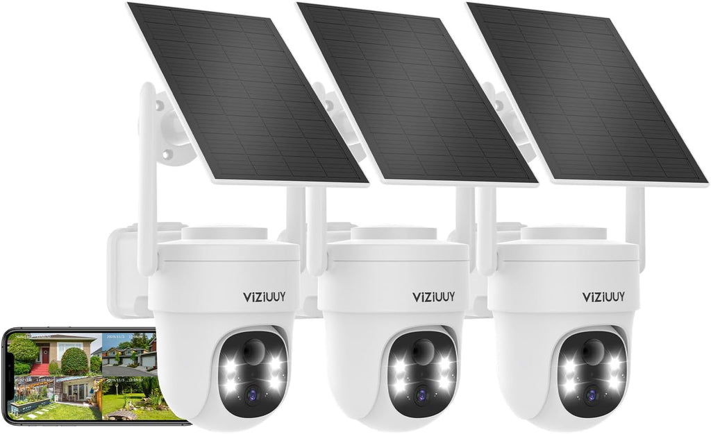 VIZIUUY Solar Security Cameras Wireless Outdoor, 3MP Pan/Tilt 360°View Solar/Battery Powered WiFi Camera with Color Night Vision/PIR Sensor/2-Way Audio/Alexa(3 Pack)