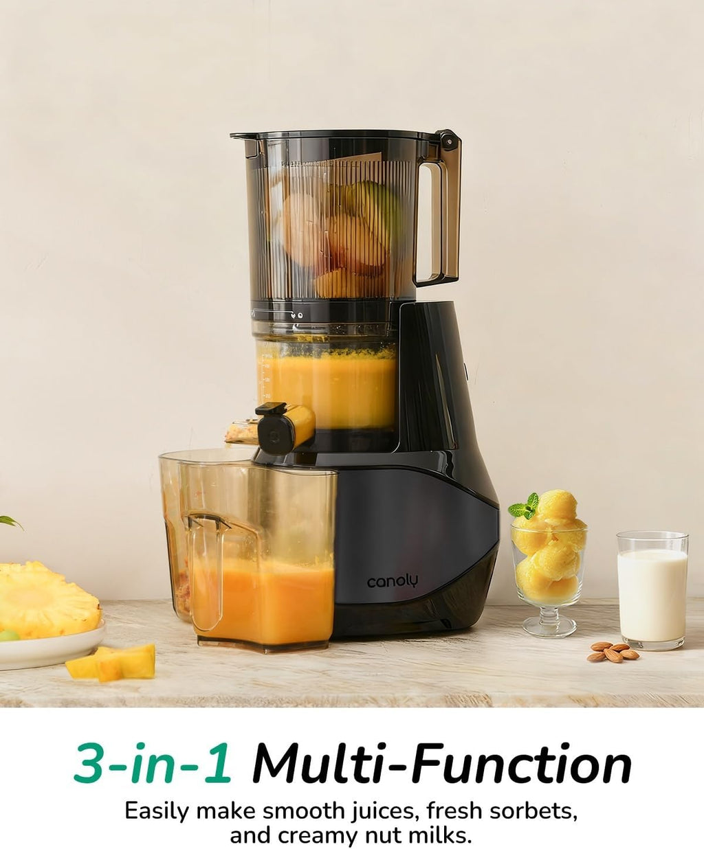 Canoly C09 Cold Press Juicer, 6' Extra Wide Feed Chute, 3-IN-1 Strainers (Juice & Sorbet & Nut Milk), Powerful AC Brushless Motor, Self Precut System, Juicer Machines with BPA-Free (Black)