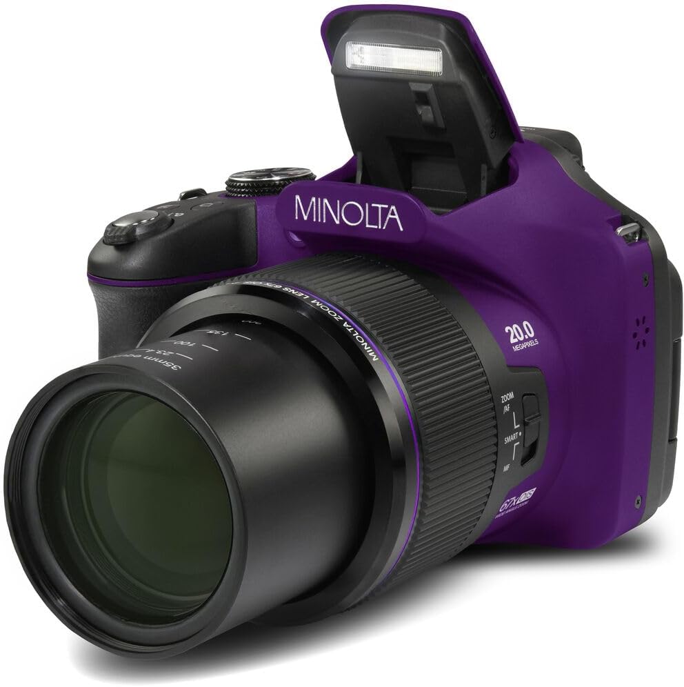MINOLTA MN67Z 20 MP / 1080P FHD Bridge Digital Camera w/67x Optical Zoom (Purple) Bundle with 32GB Memory Card + Camara Bag + Cleaning Kit + Vlogging Tripod + Accessories